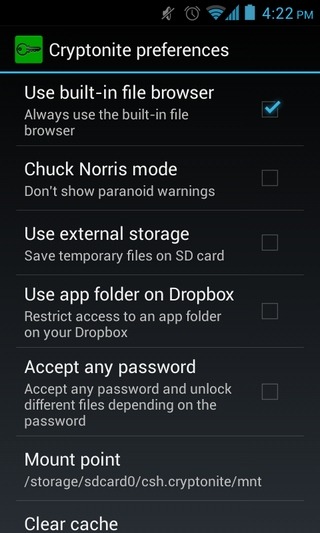 Cryptonite-Android-asetukset