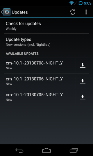 CM10.1 - Ayarlar - Sistem - Hakkında - CyanogenMod Güncellemeleri