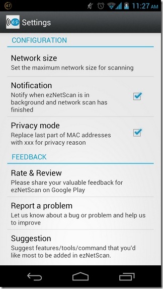 Configurações do ezNetScan-Android