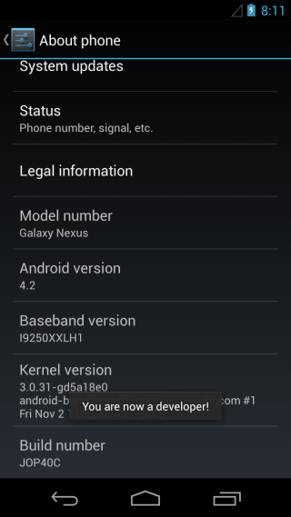 Aktivera utvecklaralternativ på Android 4.2 Jelly Bean