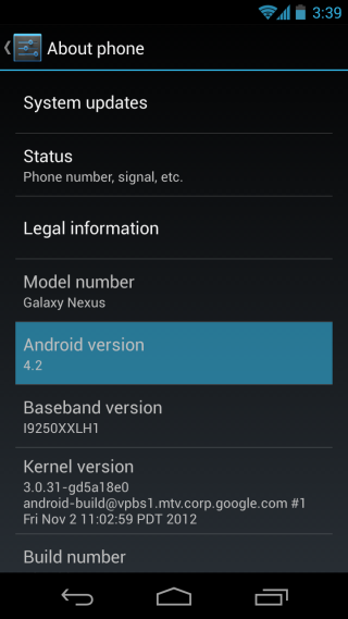 Galaxy Nexus Android 4.2 Jelly Bean เกี่ยวกับ