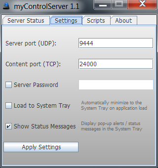 myControlServer innstillinger