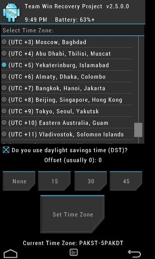 TWRP रिकवरी टाइम ज़ोन का चयन करें