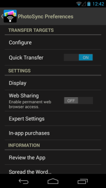 PhotoSync - Configurações de transferência sem fio