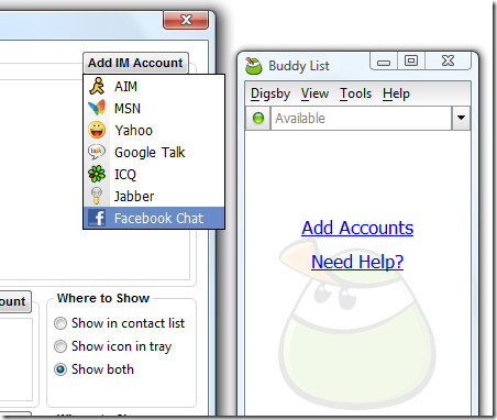 Přidání facebookového IM účtu do digsby
