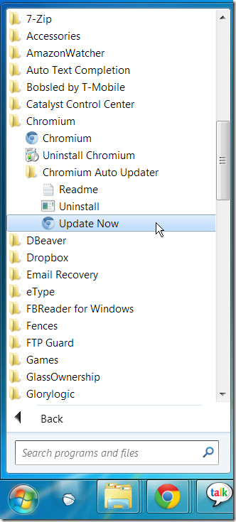 Меню запуску Chromium Auto Updater