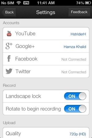 YouTube Capture iOS Settings