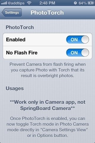 การตั้งค่า PhotoTorch iOS การตั้งค่า PhotoTorch iOS