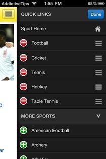 BBC Sport iOS izvēlne