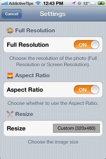 Impostazioni iOS di Photo Resizer