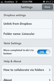Listacular Dropbox iOS -asetuksille