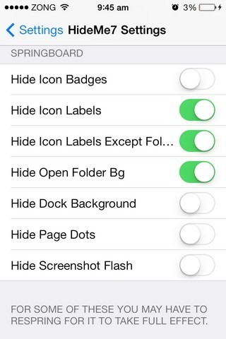 HideMe7 iOS SpringBoard beállításai