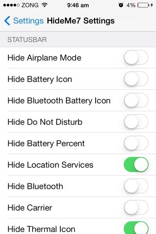 HideMe7 Nastavenia stavovej lišty iOS
