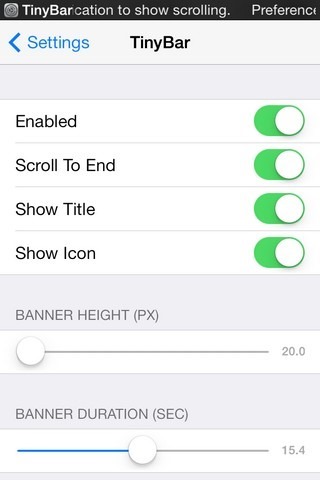 TinyBar iOS-innstillinger