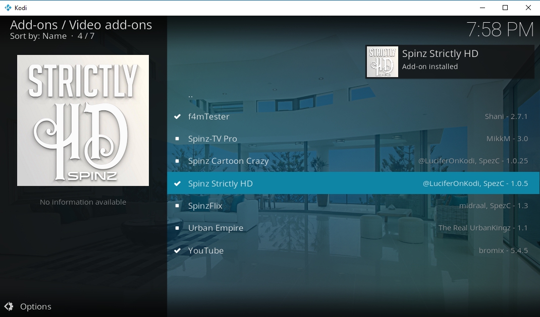 1080p Kodi-add-ons - Spinz Repo geïnstalleerd