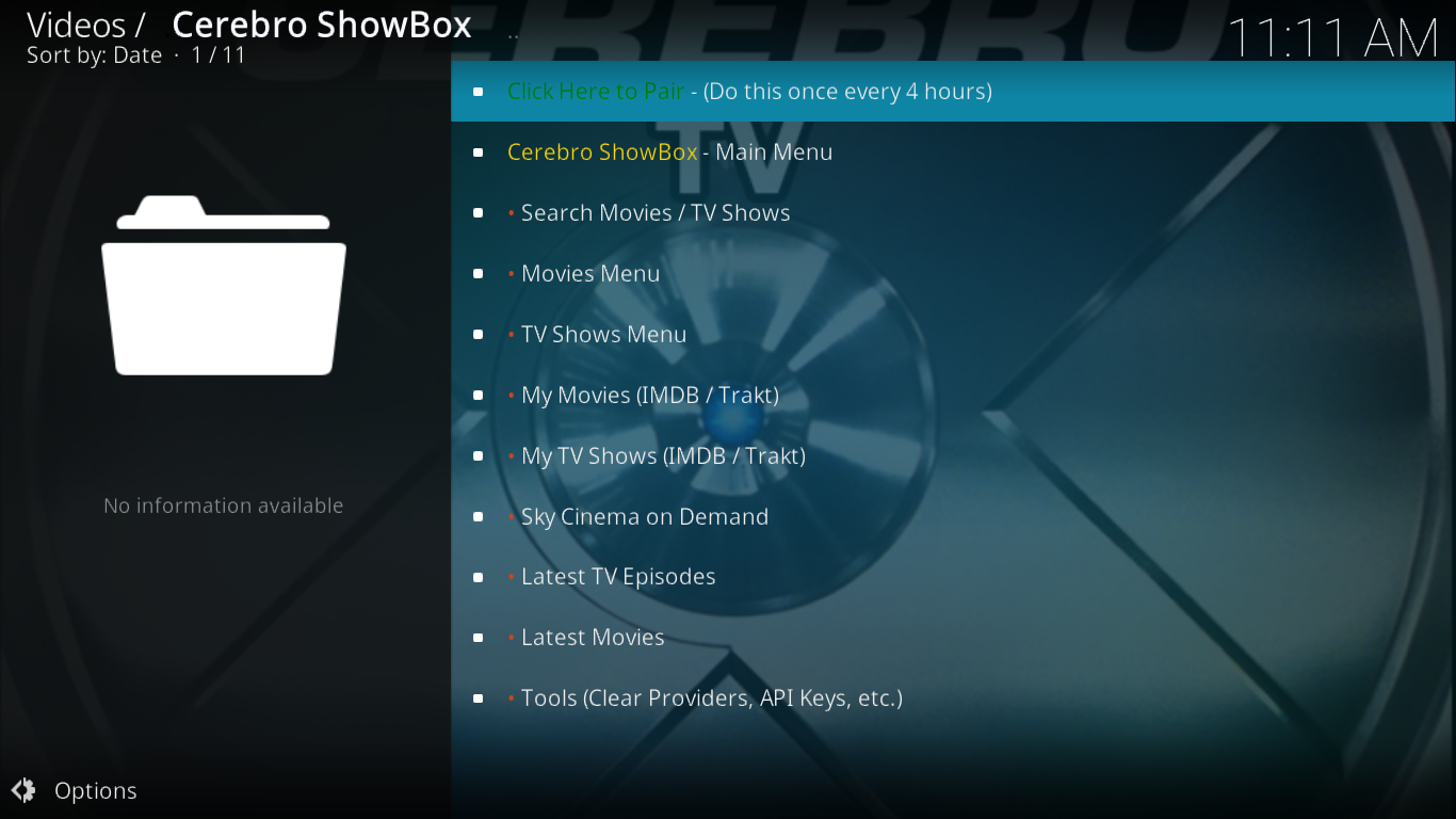 Cerebro Showbox hovedmenu