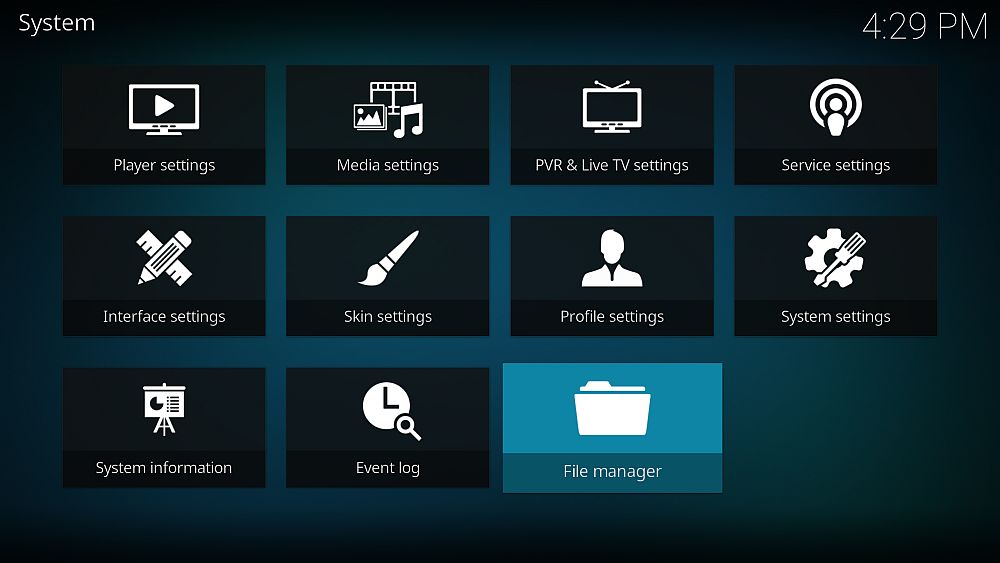 Escolha Gerenciador de arquivos nas configurações do sistema Kodi