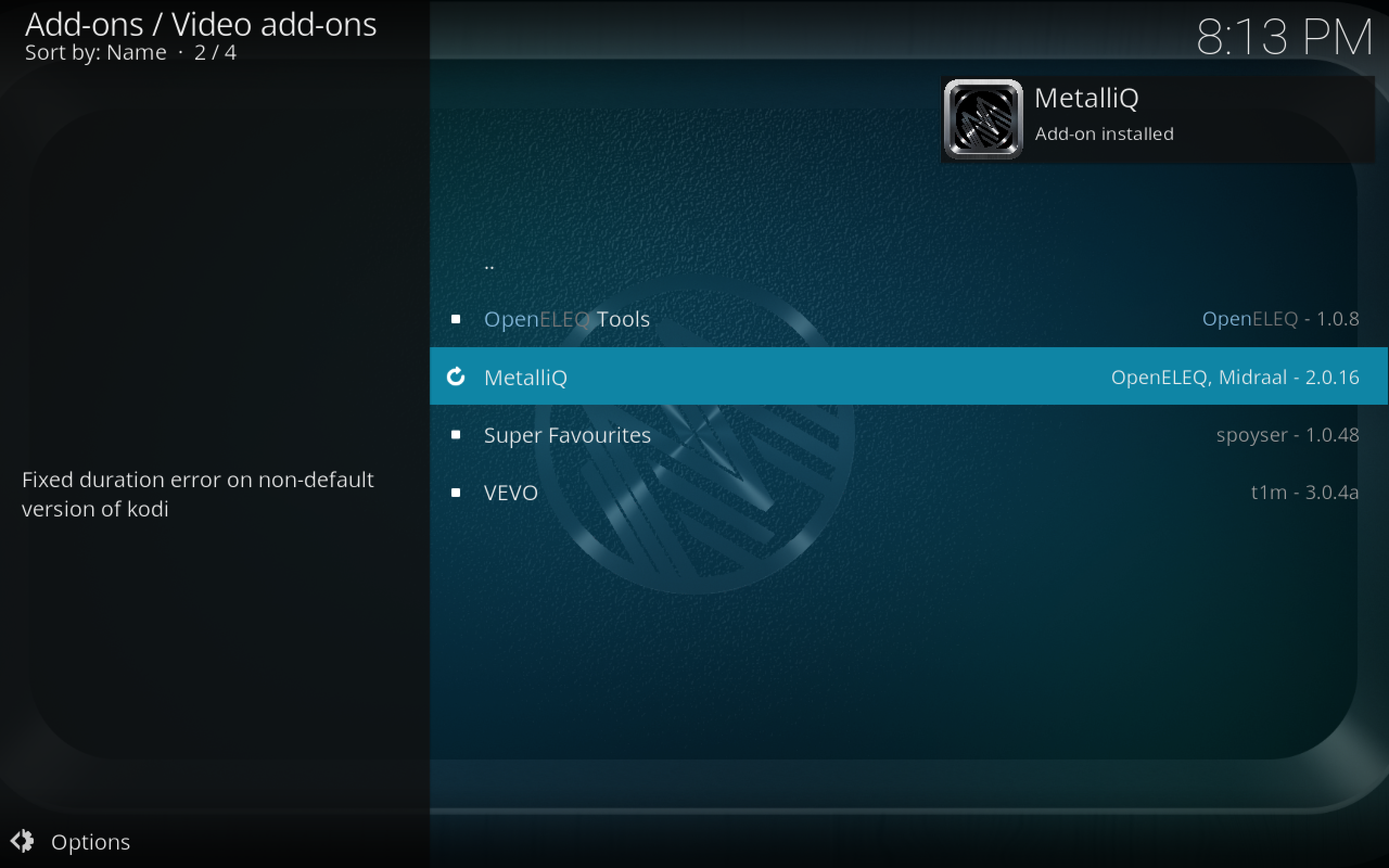 Componente aggiuntivo MetalliQ Kodi installato