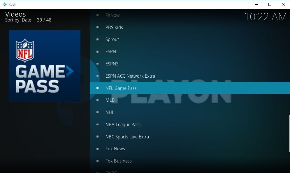 Prehliadač PlayOn Kodi Add-on 11 - športové prúdy PlayOn