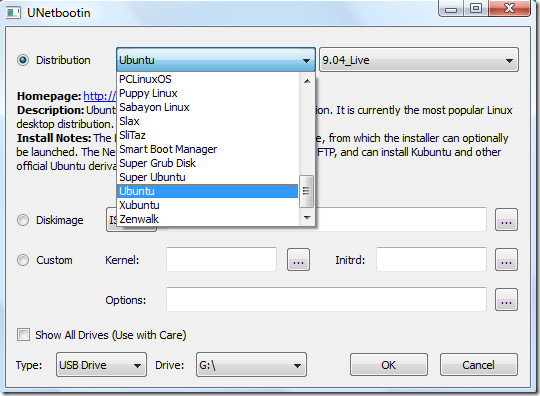 Ubuntu 9.04ライブインストールを選択するUNetbootin