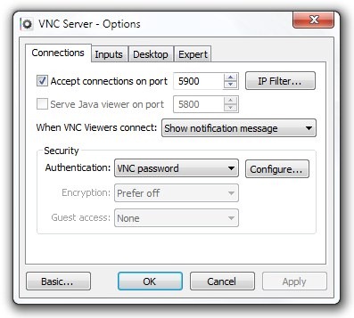 Server VNC - Opzioni