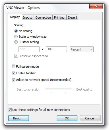 VNC عارض - خيارات