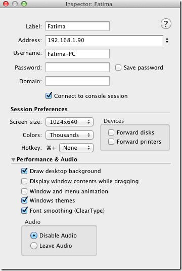 Impostazioni di connessione CoRD