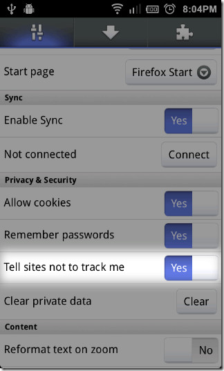 Функција "Не-пратите-приватност" - Фирефок-5-за-Андроид