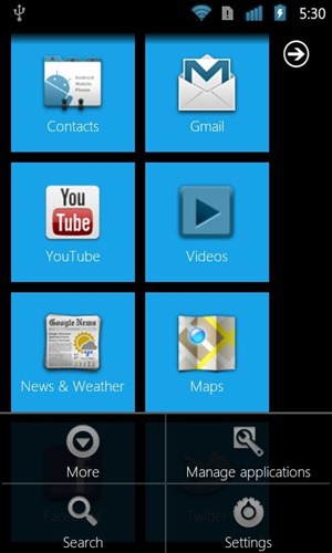 เมนู Android ของ WP7 Launcher