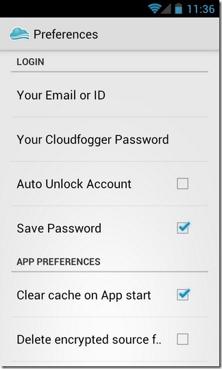 Cloudfogger-Android การตั้งค่า