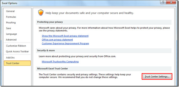 Az Excel Trust Center beállításai