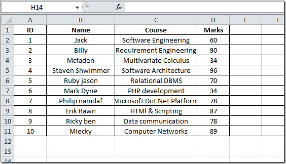 Záznam študenta programu Excel