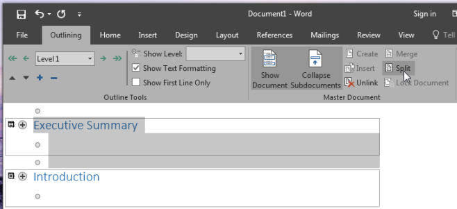 MS Word 2016分割ドキュメント