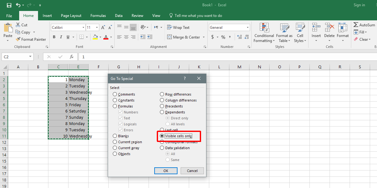 select visable cells in excel for mac