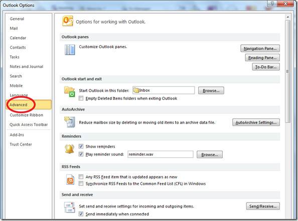 Scheda Avanzate OUtlook 2010