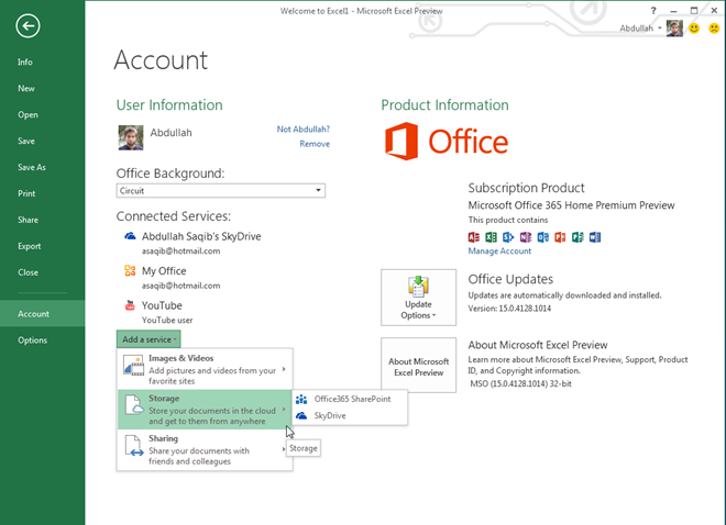 Pagina dell'account Excel 2013 Pagina dell'account Excel 2013
