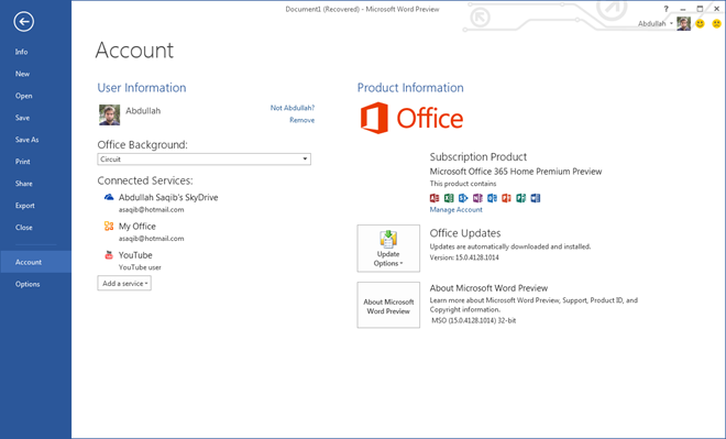 Anteprima dell'account di Microsoft Word Anteprima dell'account di Microsoft Word