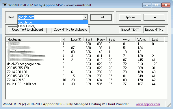 „WinMTR“ pagrindinis langas