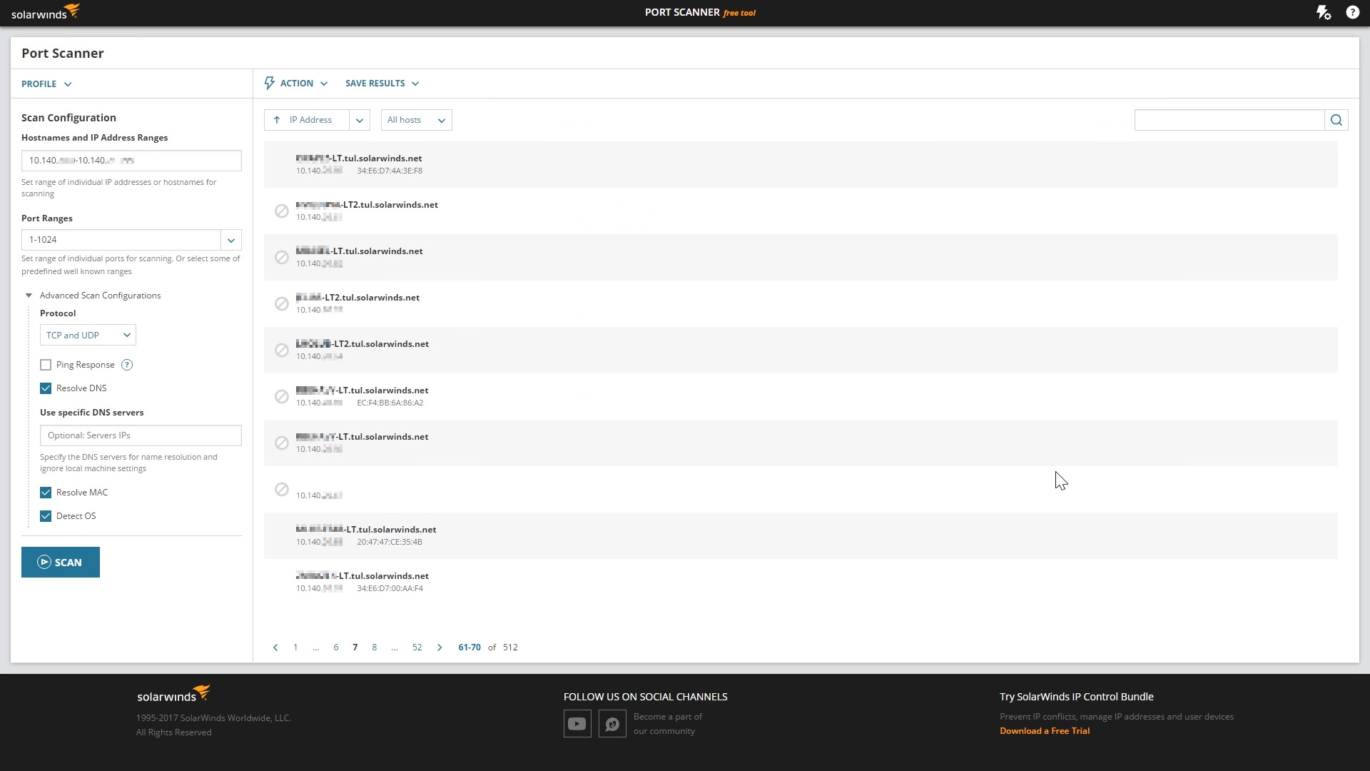 Schermata Scanner porte SolarWinds