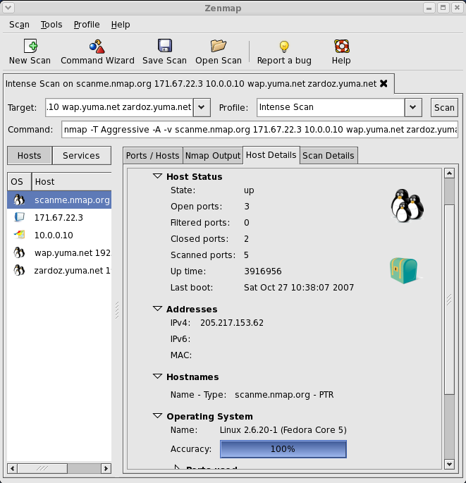 Screenshot della GUI di Zenmap