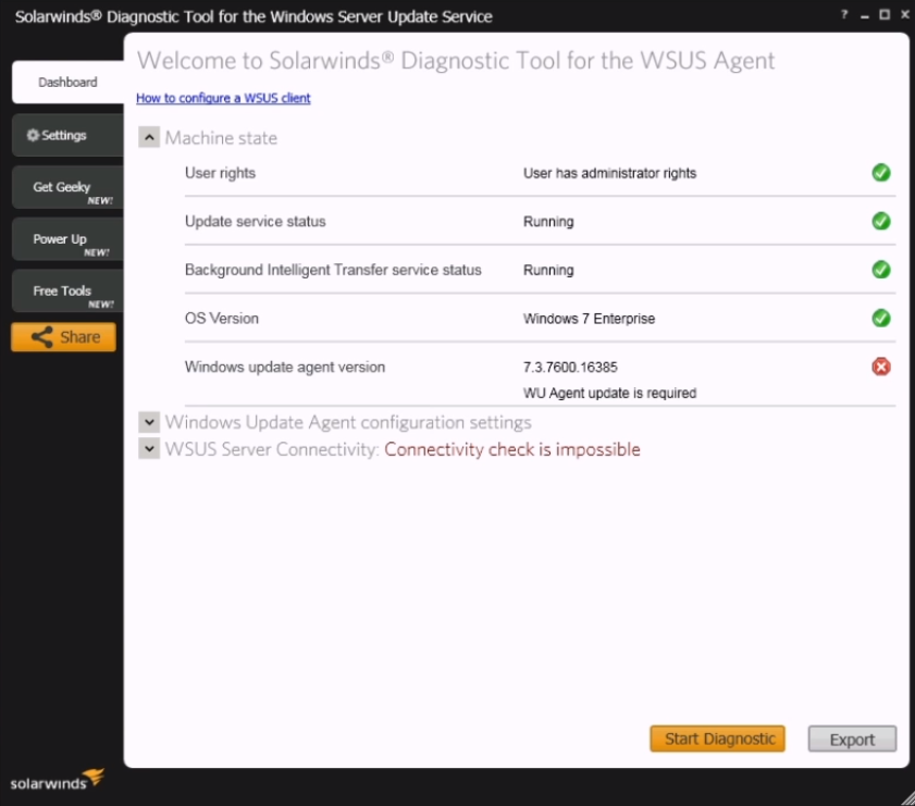 SolarWinds-Diagnosetool für WSUS-Agenten