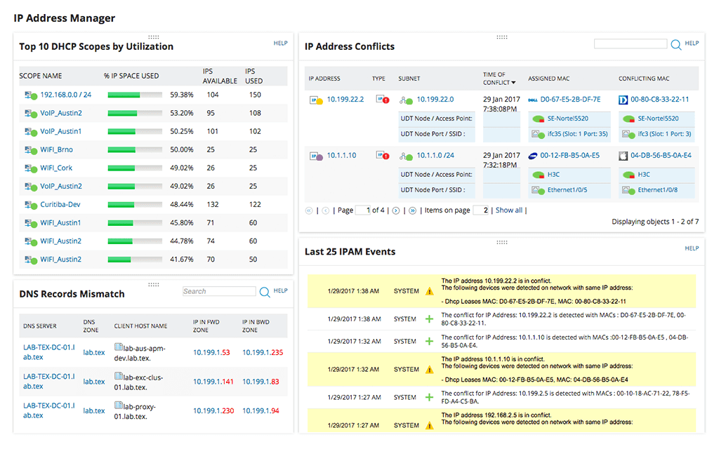 Captura de pantalla del Administrador de direcciones IP de SolarWinds