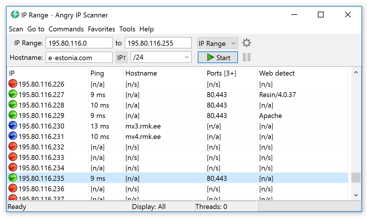 Captura de pantalla del Angry IP Scanner