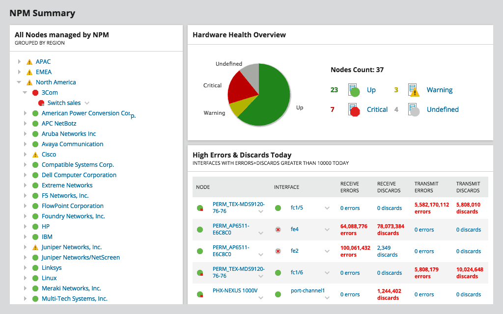 SolarWinds NPM - Résumé du réseau