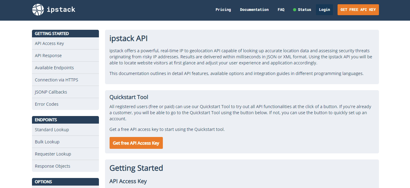 API ipstack - Domovská stránka dokumentace