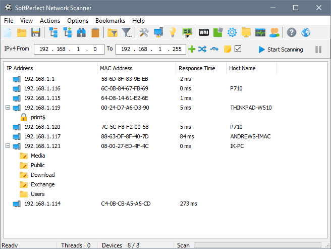 SoftPerfect Network Scannerメインウィンドウ