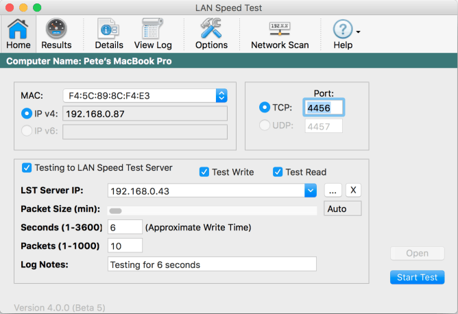 Schermata Test velocità LAN