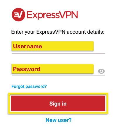 Zadejte pověření ExpressVPN Android