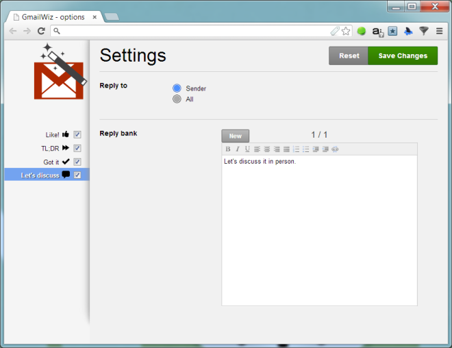 „GmailWiz“ - parinktys