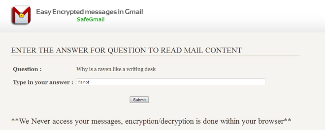 Tajno pitanje SafeGmail-a